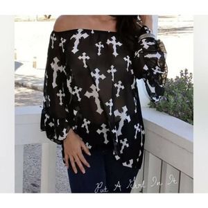 BLACK & WHITE CHIFFON CROSS ON OFF SHOULDER PEASANT SHEER TOP SHIRT BIKER S/M